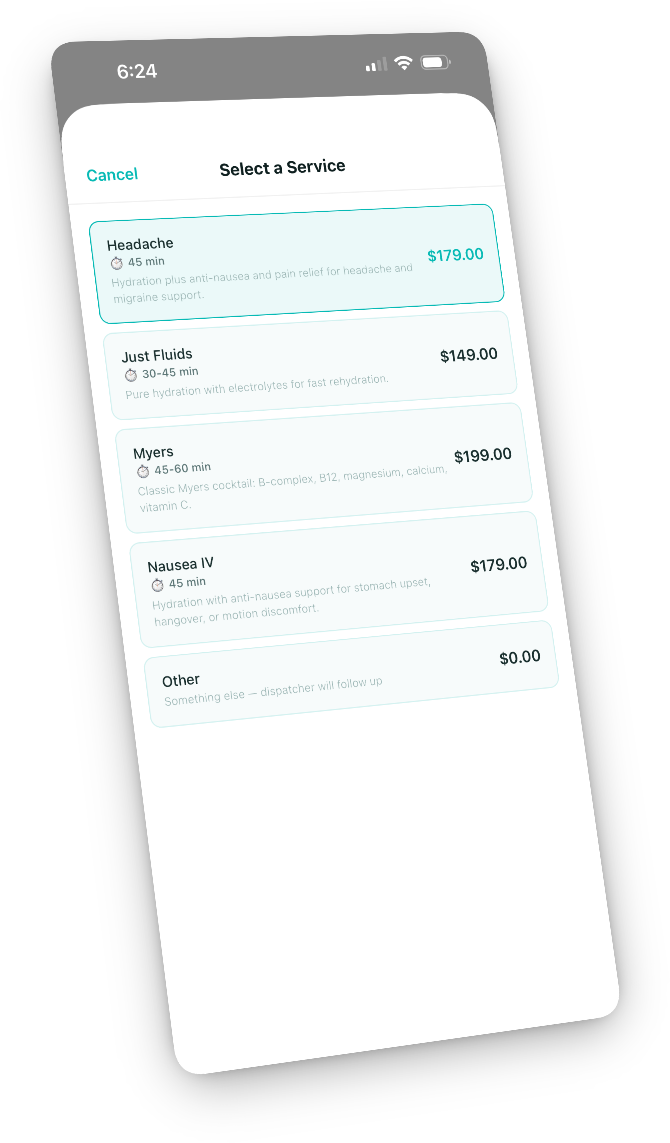 Choose your IV service and book