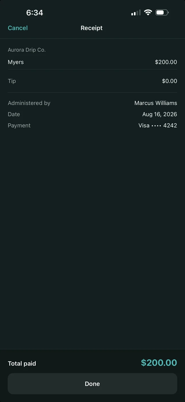 Paid receipt with card details and tech attribution